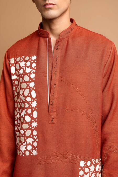 Shop_Rohit Doshi_Rust Cotton, Crepe Beads, Embroidery Geometric And Abstract Motif Kurta _Online_at_Aza_Fashions
