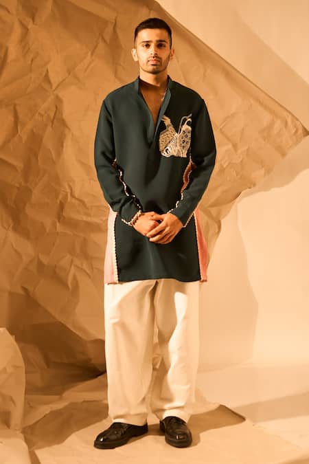 Buy_Rohit Doshi_Emerald Green Embroidery, Pom-poms Gin And Tonic Short Kurta _Online_at_Aza_Fashions