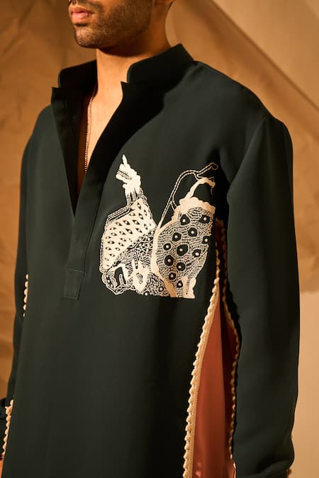 Rohit Doshi_Emerald Green Embroidery, Pom-poms Gin And Tonic Short Kurta _at_Aza_Fashions
