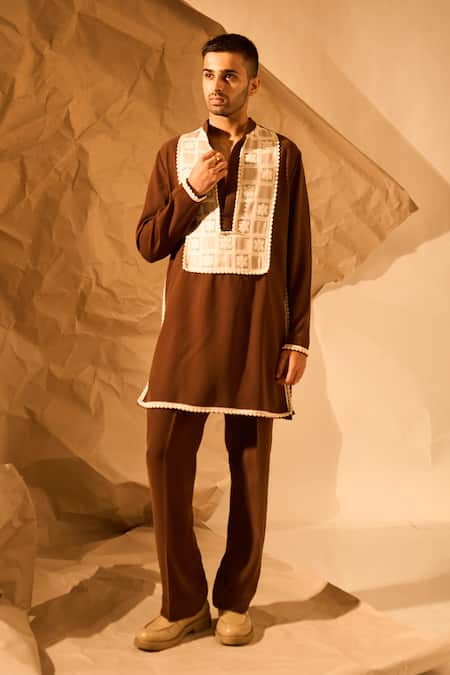 Rohit Doshi_Brown Embroidery, Piping Placement Kurta _Online_at_Aza_Fashions
