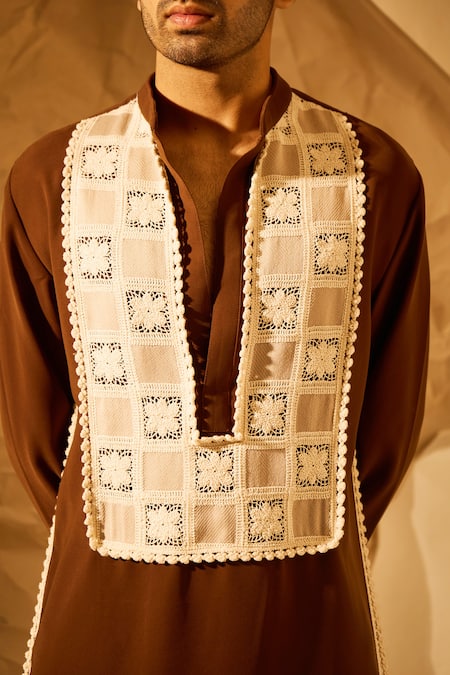 Rohit Doshi_Brown Embroidery, Piping Placement Kurta _at_Aza_Fashions