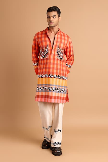 Shop_Rohit Doshi_Multi Color Cotton, Crepe, Rayon Embroidery Checkered Print Kurta _Online_at_Aza_Fashions