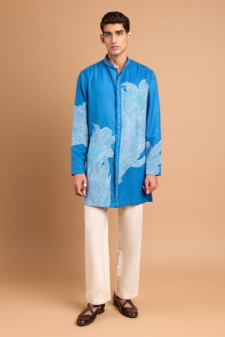 Rohit Doshi_Blue Cotton, Crepe, Rayon Embroidery Phrase Single Scoop Kurta _Online_at_Aza_Fashions