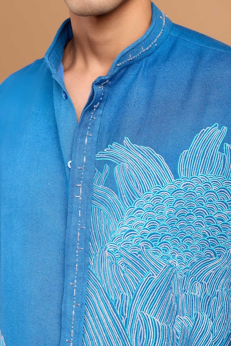 Shop_Rohit Doshi_Blue Cotton, Crepe, Rayon Embroidery Phrase Single Scoop Kurta _Online_at_Aza_Fashions