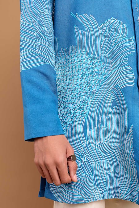 Rohit Doshi_Blue Cotton, Crepe, Rayon Embroidery Phrase Single Scoop Kurta _at_Aza_Fashions