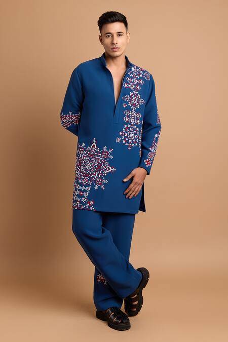 Rohit Doshi_Blue Embroidery, Beads Geometric Kurta _Online_at_Aza_Fashions
