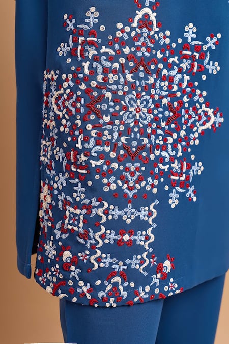 Shop_Rohit Doshi_Blue Embroidery, Beads Geometric Kurta _Online_at_Aza_Fashions