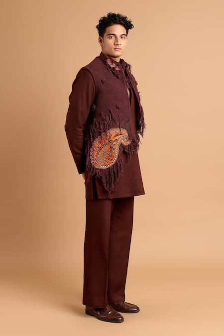 Rohit Doshi_Brown Cotton, Rayon, Crepe Tassel Embroidered Short Kurta _Online_at_Aza_Fashions