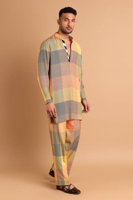 Rohit Doshi_Multi Color Cotton, Crepe, Rayon Houndstooth Print Kurta _Online_at_Aza_Fashions