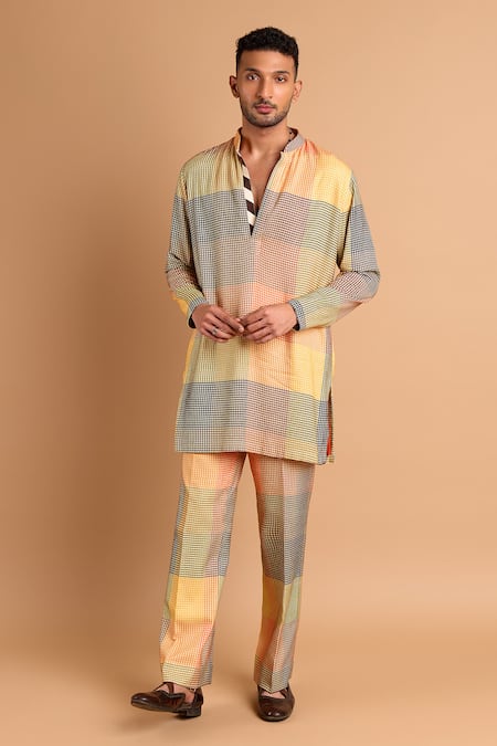 Buy_Rohit Doshi_Multi Color Cotton, Crepe, Rayon Houndstooth Print Kurta _Online_at_Aza_Fashions