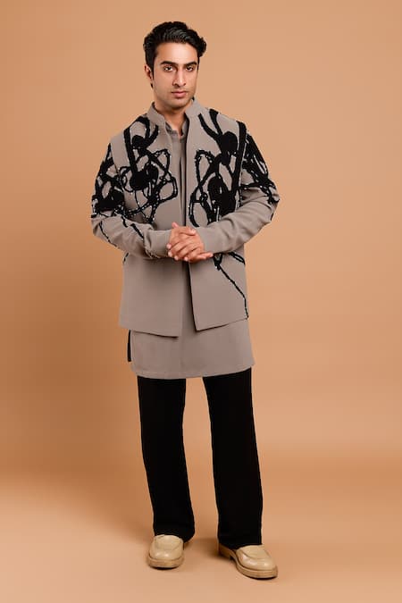 Rohit Doshi Abstract Embroidered Poly Crepe Kurta 