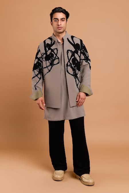 Buy_Rohit Doshi_Gray Polyester, Crepe Abstract Embroidered Poly Kurta _Online_at_Aza_Fashions