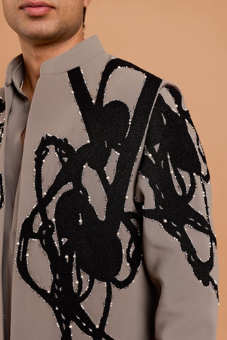 Shop_Rohit Doshi_Gray Polyester, Crepe Abstract Embroidered Poly Kurta _Online_at_Aza_Fashions