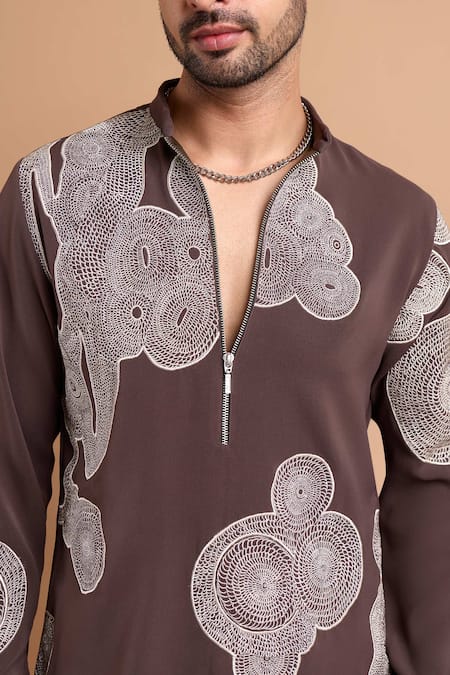 Rohit Doshi_Brown Embroidery Abstract Pattern Kurta _Online_at_Aza_Fashions
