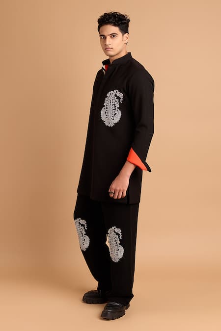 Shop_Rohit Doshi_Black Embroidery Paisley Short Kurta _Online_at_Aza_Fashions