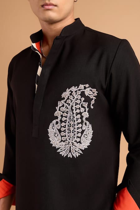 Rohit Doshi_Black Embroidery Paisley Short Kurta _at_Aza_Fashions