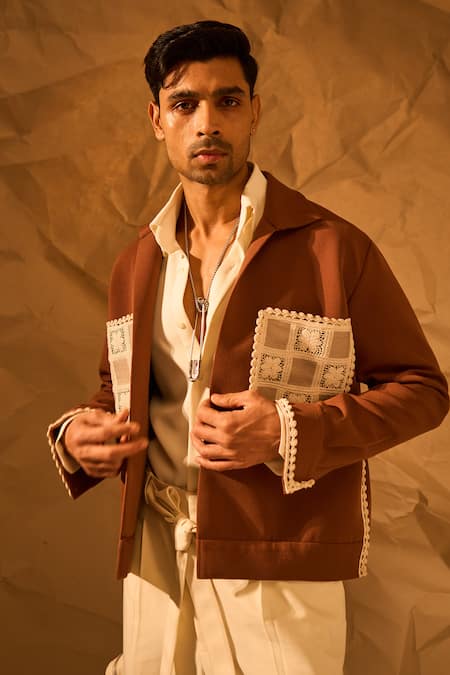 Buy_Rohit Doshi_Brown Patchwork Checks Embroidered Jacket _Online_at_Aza_Fashions