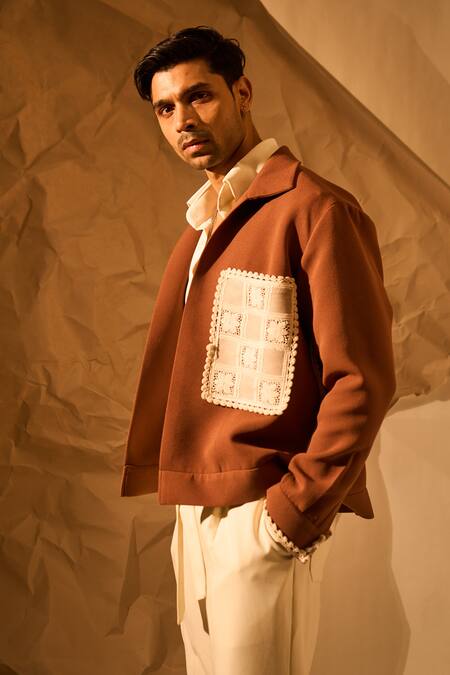 Shop_Rohit Doshi_Brown Patchwork Checks Embroidered Jacket _Online_at_Aza_Fashions