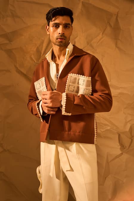 Rohit Doshi_Brown Patchwork Checks Embroidered Jacket _at_Aza_Fashions