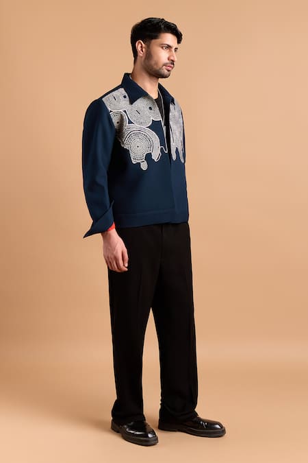 Rohit Doshi_Blue Embroidery Abstract Jacket _Online_at_Aza_Fashions