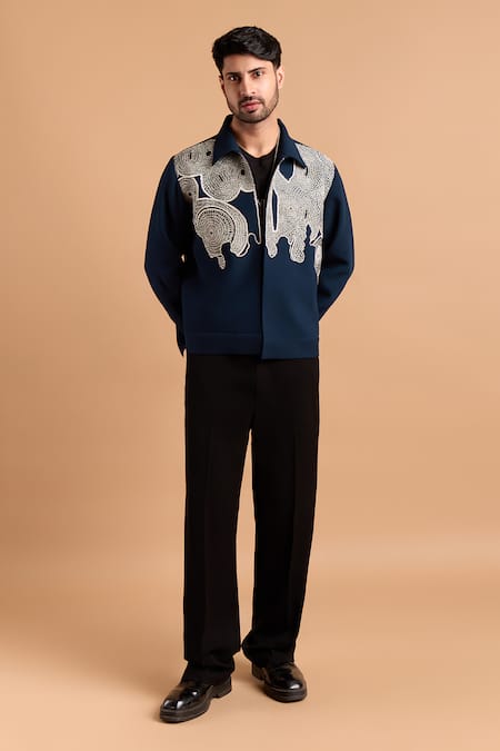 Buy_Rohit Doshi_Blue Embroidery Abstract Jacket _Online_at_Aza_Fashions