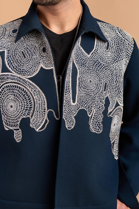 Shop_Rohit Doshi_Blue Embroidery Abstract Jacket _Online_at_Aza_Fashions