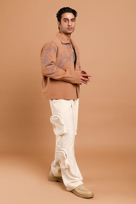 Rohit Doshi_Brown Crepe, Polyester Embroidery Contour Line Pattern Jacket _Online_at_Aza_Fashions