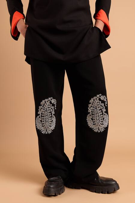 Buy_Rohit Doshi_Black Embroidery Paisley Pant _Online_at_Aza_Fashions