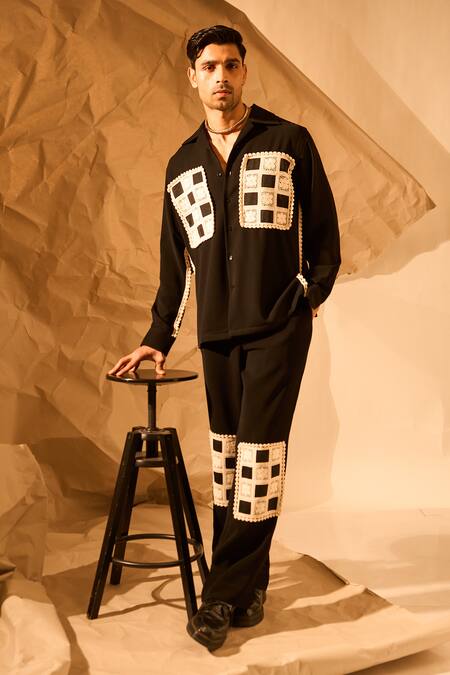 Rohit Doshi_Black Patchwork Crochet Embroidered Trouser _Online_at_Aza_Fashions