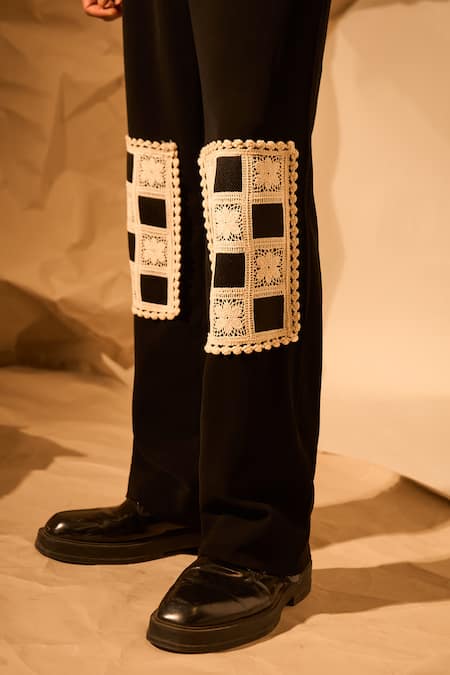 Buy_Rohit Doshi_Black Patchwork Crochet Embroidered Trouser _Online_at_Aza_Fashions