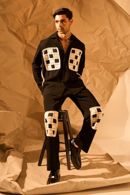 Shop_Rohit Doshi_Black Patchwork Crochet Embroidered Trouser _Online_at_Aza_Fashions