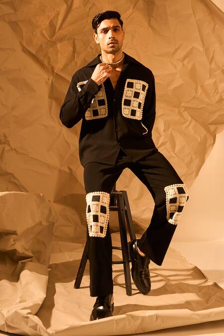 Rohit Doshi_Black Patchwork Crochet Embroidered Trouser _at_Aza_Fashions