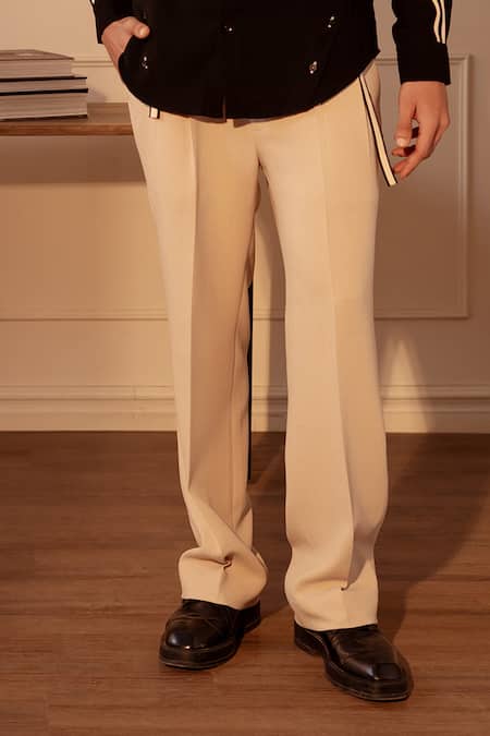 Rohit Doshi_Beige Polyester, Twill Striped Pant _Online_at_Aza_Fashions