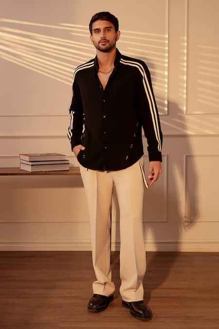 Buy_Rohit Doshi_Beige Polyester, Twill Striped Pant _Online_at_Aza_Fashions