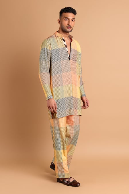 Rohit Doshi_Multi Color Cotton, Crepe, Rayon Houndstooth Checkered Print Trouser _Online_at_Aza_Fashions