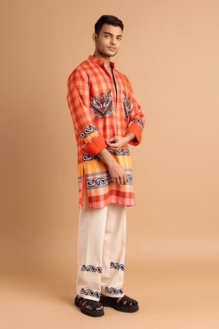 Rohit Doshi_Off White Cotton Graphic Pocket Embroidered Trousers _Online_at_Aza_Fashions