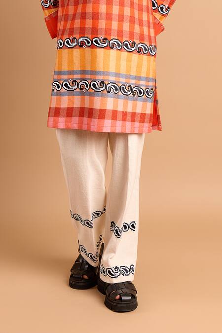 Buy_Rohit Doshi_Off White Cotton Graphic Pocket Embroidered Trousers _Online_at_Aza_Fashions
