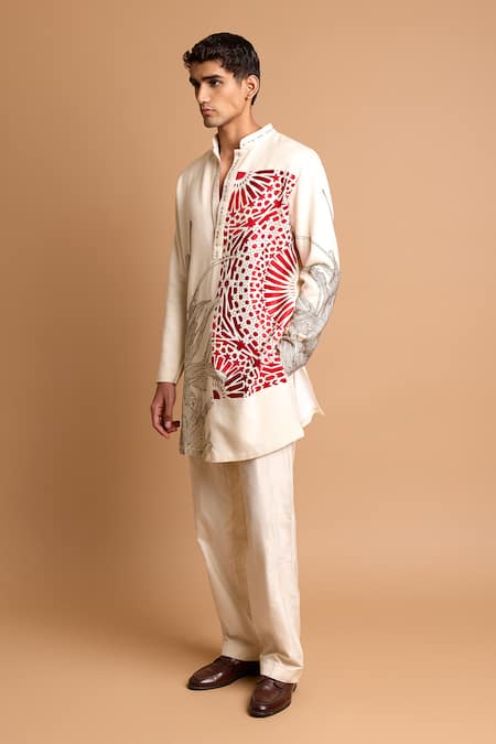 Buy_Rohit Doshi_Off White Cotton, Crepe, Rayon Plain Trouser _Online_at_Aza_Fashions