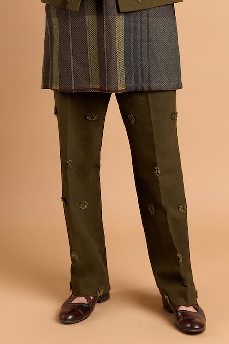 Rohit Doshi Olive Green Cotton Matka Embroidered Pant Online at Aza Fashions Rohit Doshi_Olive Green Cotton Matka Embroidered Pant _Online_at_Aza_Fashions