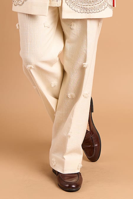 Rohit Doshi_Off White Cotton Embroidery Paisley Pant _Online_at_Aza_Fashions
