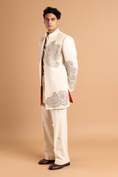 Buy_Rohit Doshi_Off White Cotton Embroidery Paisley Pant _Online_at_Aza_Fashions