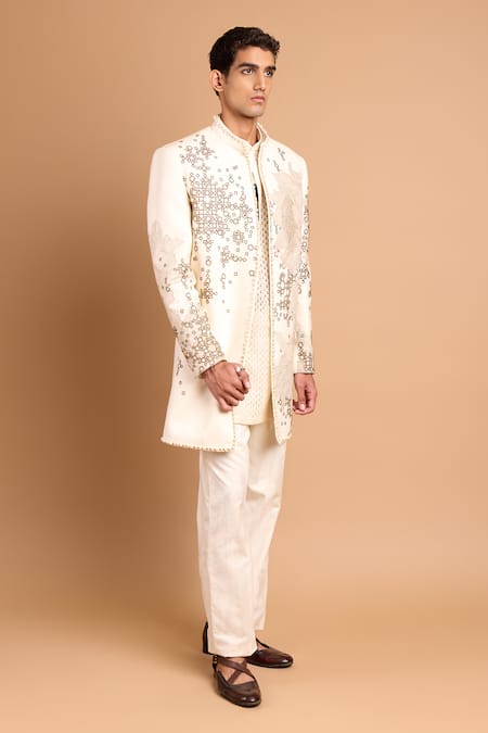 Buy_Rohit Doshi_Off White Cotton, Crepe, Rayon Floral And Pearl Embroidered Pant _Online_at_Aza_Fashions