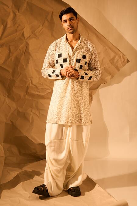Buy_Rohit Doshi_Off White Polyester, Crepe Embroidered Dhoti Pant _Online_at_Aza_Fashions