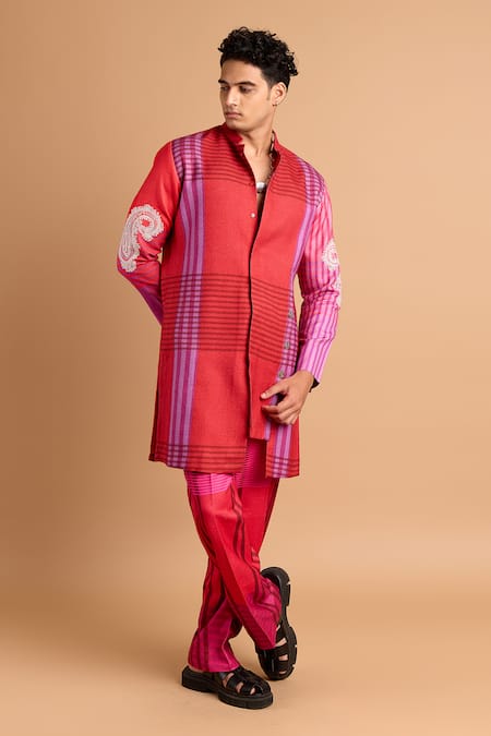 Buy_Rohit Doshi_Pink Cotton, Crepe, Rayon Striped Pant _Online_at_Aza_Fashions