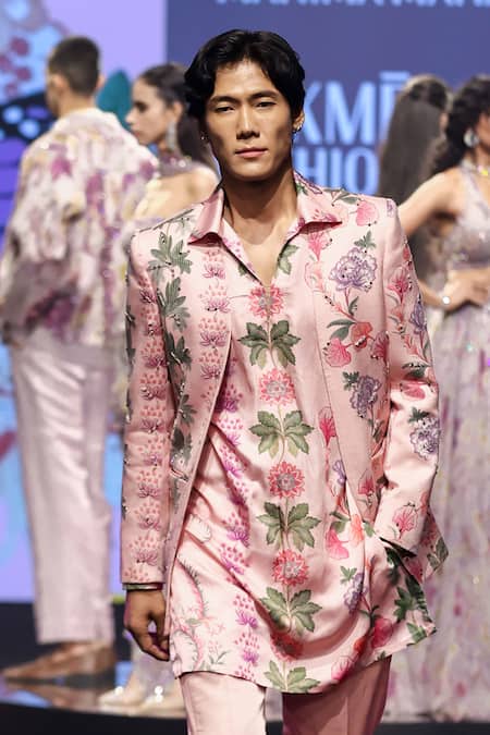 Buy_Mahima Mahajan_Blush Linen, Satin Embroidery Nawal Quilted Hand Blazer Kurta Set _Online_at_Aza_Fashions