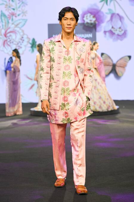 Shop_Mahima Mahajan_Blush Linen, Satin Embroidery Nawal Quilted Hand Blazer Kurta Set _Online_at_Aza_Fashions