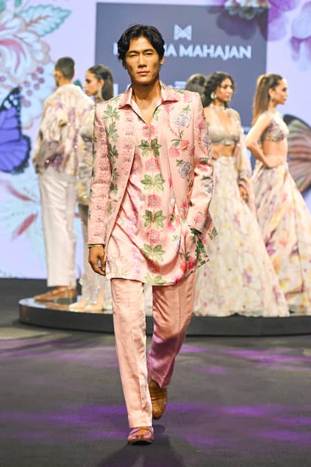 Shop_Mahima Mahajan_Blush Linen, Satin Embroidery Aariz Quilted Blazer _Online_at_Aza_Fashions