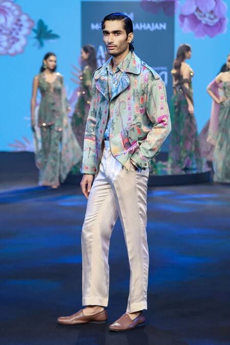 Mahima Mahajan_Green Linen, Satin Aazim Pintuck Floral Printed Jacket Shirt And Trouser Set _Online_at_Aza_Fashions