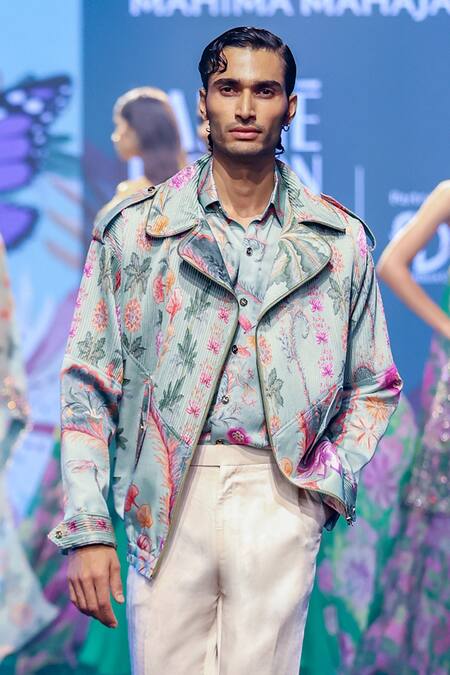 Buy_Mahima Mahajan_Green Linen, Satin Aazim Pintuck Floral Printed Jacket Shirt And Trouser Set _Online_at_Aza_Fashions