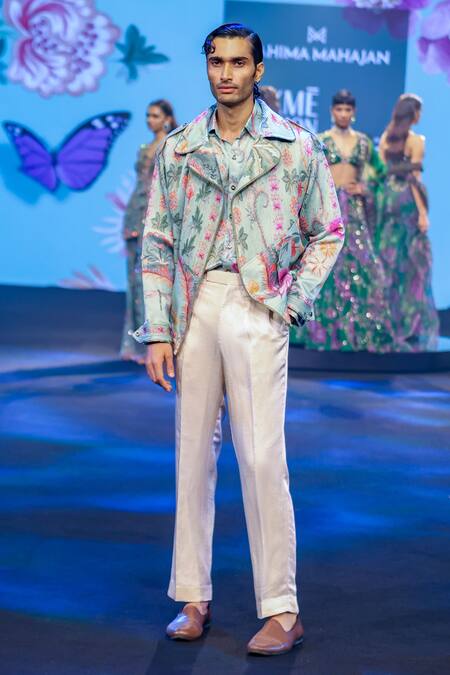 Shop_Mahima Mahajan_Green Linen, Satin Aazim Pintuck Floral Printed Jacket Shirt And Trouser Set _Online_at_Aza_Fashions
